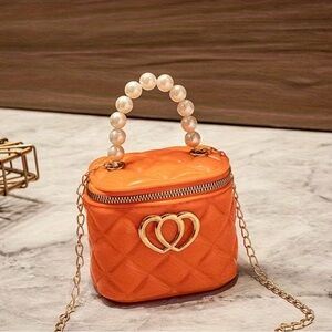 Orange Quilted Handbag with Pearl Handle